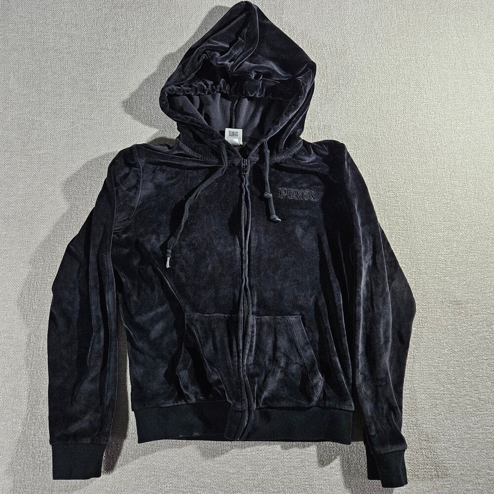 Victoria’s Secret Black Velour Full Zip Hoodie Womens S Hooded Sweatshirt Casual